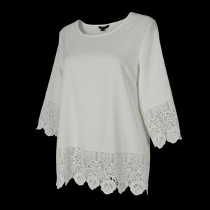 Shall We White Lace Accent 3/4 sleeve Women's Top Size Large